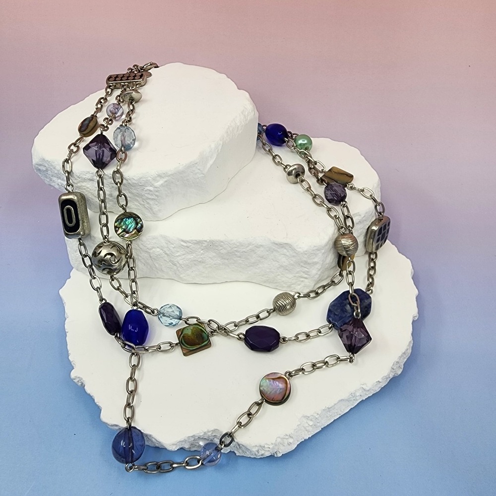 Lia Sophia Multi Strand Silver Tone Beaded Necklace Purple Blue Abalone Gift